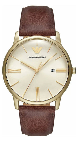 Emporio Armani Minimalist Quartz Gold Dial Brown Leather Strap Watch for Men - AR11610 Authentic Buy Shop Now