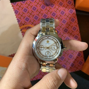 Tory Burch Classic Chronograph White Dial Two Tone Steel Strap Watch for Women - TBW1034 Authentic Buy Shop Now