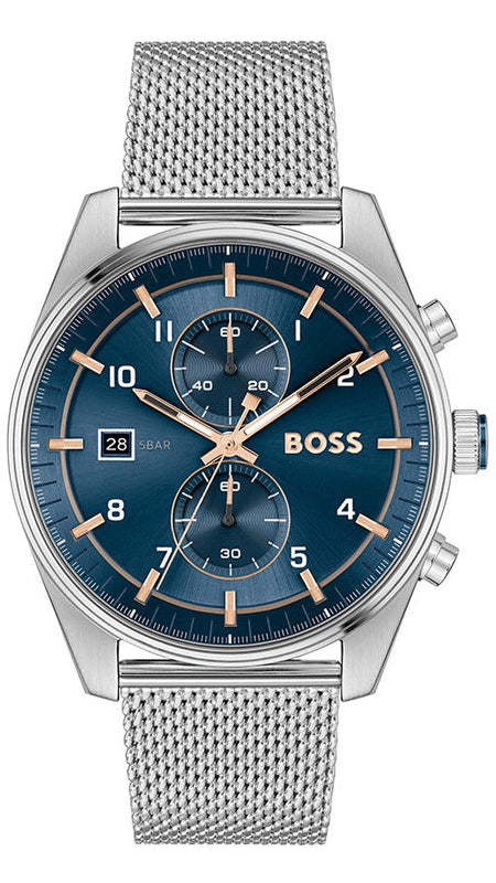 Hugo Boss Skytraveller Chronograph Blue Dial Silver Mesh Strap Watch for Men - 1514149 Authentic Buy Shop Now