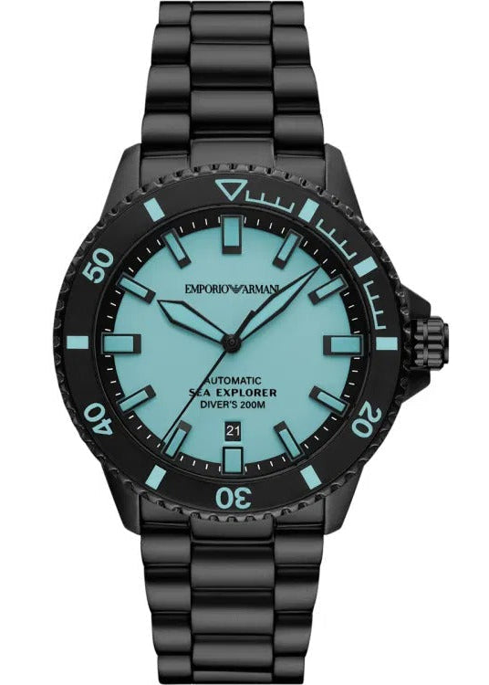Emporio Armani Sea Explorer Turquoise Blue Dial Black Steel Strap Watch for Men - AR60084 Authentic Buy Shop Now