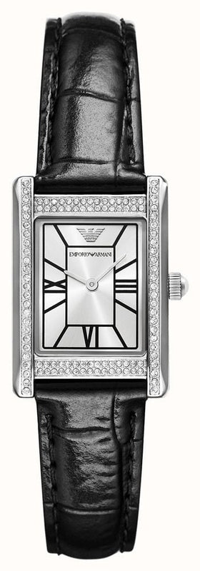 Emporio Armani Two Hand Crystals Silver Dial Black Leather Strap Watch for Women - AR11623 Authentic Buy Shop Now