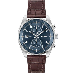 Hugo Boss Skytraveller Chronograph Blue Dial Brown Leather Strap Watch for Men - 1514194 Authentic Buy Shop Now