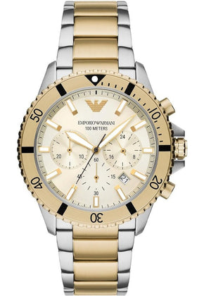 Emporio Armani World Explorer Chronograph Cream Dial Two Tone Steel Strap Watch for Men - AR11606 Authentic Buy Shop Now