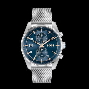 Hugo Boss Skytraveller Chronograph Blue Dial Silver Mesh Strap Watch for Men - 1514149 Authentic Buy Shop Now