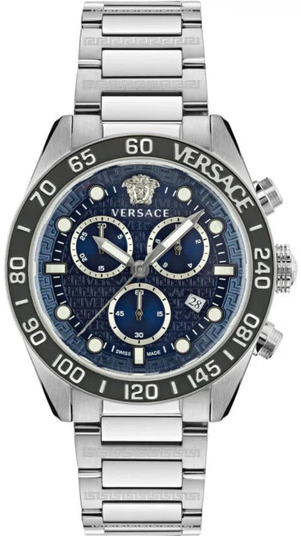 Versace Greca Dome Chronograph Blue Dial Silver Steel Strap Watch for Men - VE6K00323 Authentic Buy Shop Now