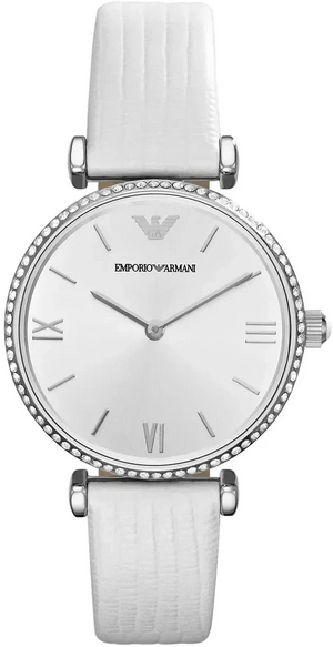 Emporio Armani Gianni T-Bar Silver Dial White Leather Strap Watch for Women - AR1680 Authentic Buy Shop Now