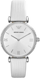 Emporio Armani Gianni T-Bar Silver Dial White Leather Strap Watch for Women - AR1680