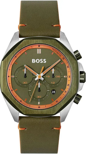 Hugo Boss Cloud Chronograph Olive Green Dial Green Leather Strap Watch for Men - 1514018 Authentic Buy Shop Now