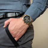 Hugo Boss Skytraveller Chronograph Black Dial Gold Steel Strap Watch for Men - 1514152 Authentic Buy Shop Now