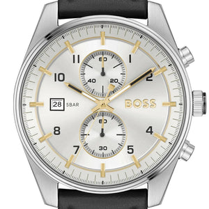 Hugo Boss Skytraveller Chronograph Silver Dial Black Leather Strap Watch for Men - 1514147 Authentic Buy Shop Now