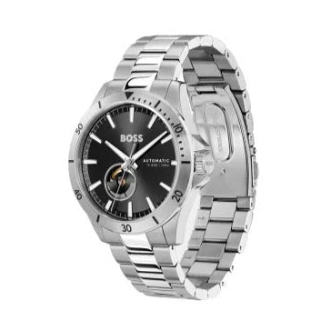 Hugo Boss Troper Chronograph Automatic Black Dial Silver Steel Strap Watch for Men - 1514202