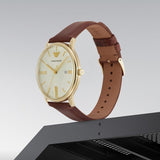 Emporio Armani Minimalist Quartz Gold Dial Brown Leather Strap Watch for Men - AR11610 Authentic Buy Shop Now