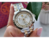 Tory Burch Classic Chronograph White Dial Two Tone Steel Strap Watch for Women - TBW1034 Authentic Buy Shop Now