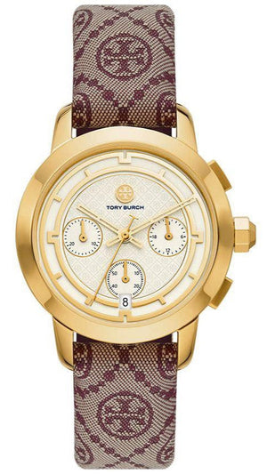 Tory Burch The Tory Chronograph White Dial Maroon Jacquard Strap Watch for Women - TBW1051 Authentic Buy Shop Now