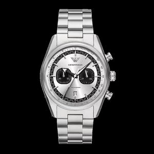 Emporio Armani Racer Chronograph Silver Dial Silver Steel Strap Watch for Men - AR11636 Authentic Buy Shop Now