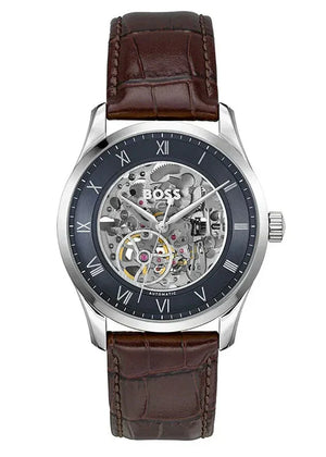 Hugo Boss Principle Skeleton Blue Dial Brown Leather Strap Watch for Men - 1514305 Authentic Buy Shop Now