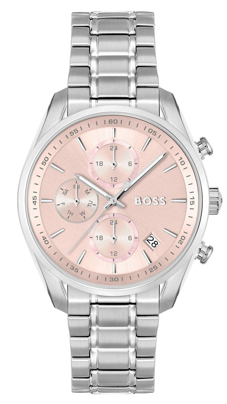 Hugo Boss Grand Tour Chronograph Pink Mother of Pearl Dial Silver Steel Strap Watch for Women - 1502765