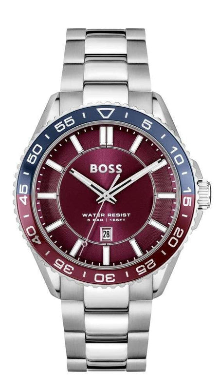 Hugo Boss Runner 3H Burgundy Dial Silver Steel Strap Watch for Men - 1514209 Authentic Buy Shop Now