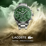 Lacoste Boston Chronograph Green Dial Silver Steel Strap Watch for Men - 2011080 Authentic Buy Shop Now