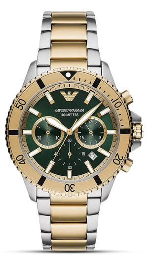 Emporio Armani Sea Explorer Chronograph Green Dial Two Tone Steel Strap Watch for Men - AR11586 Authentic Buy Shop Now