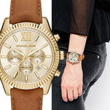 Michael Kors Lexington Chronograph Gold Dial Brown Leather Strap Watch For Men - MK8447 Authentic Buy Shop Now