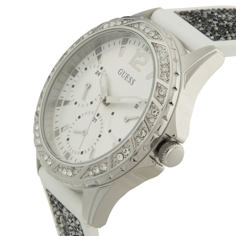 Guess Swirl Quartz Silver Dial White Silicone Strap Watch for Women - W1096L1 Authentic Buy Shop Now