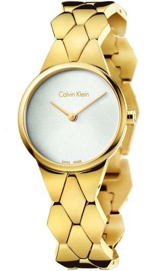 Calvin Klein Snake Silver Dial Yellow Gold Steel Strap Watch For Women - K6E23546 Authentic Buy Shop Now