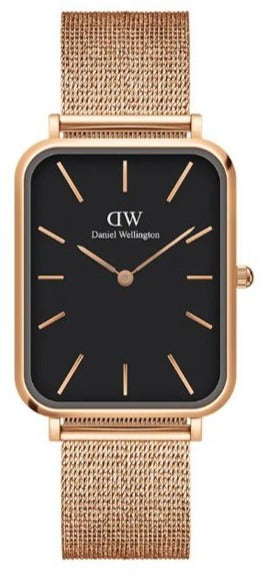 Daniel Wellington Quadro Pressed Melrose Black Dial Gold Mesh Bracelet Watch For Men - DW00100466 Authentic Buy Shop Now