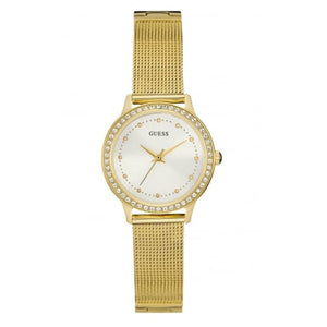 Guess Chelsea Crystals Mother of Pearl White Dial Gold Mesh Bracelet Watch For Women - W0647L7 Authentic Buy Shop Now