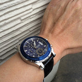 Guess Pinnacle Chronograph Quartz Blue Dial Black Leather Strap Watch For Men - W0673G4 Authentic Buy Shop Now
