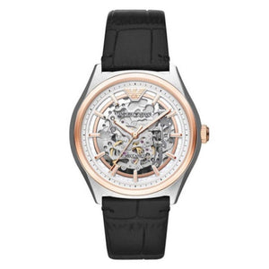 Emporio Armani Zeta Skeleton Automatic Silver Dial Black Leather Strap Watch For Men - AR60018 Authentic Buy Shop Now