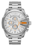 Diesel Mega Chief Chronograph White Dial Silver Steel Strap Watch For Men - DZ4328 Authentic Buy Shop Now