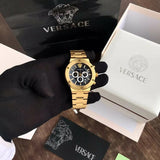 Versace Greca Chronograph Black Dial Gold Steel Strap Watch For Men - VEZ900421 Authentic Buy Shop Now