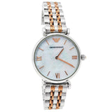Emporio Armani Gianni T-Bar Mother of Pearl Dial Two Tone Steel Strap Watch For Women - AR1987 Authentic Buy Shop Now