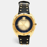 Versace Shadov Quartz Gold Dial Black Leather Strap Watch for Women - VEBM00318 Authentic Buy Shop Now