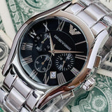 Emporio Armani Valente Chronograph Black Dial Silver Stainless Steel Watch For Men - AR0673 Authentic Buy Shop Now