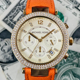 Michael Kors Parker Champagne Dial Orange Leather Strap Watch for Women - MK2279 Authentic Buy Shop Now