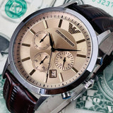 Emporio Armani Classic Chronograph Beige Dial Brown Leather Strap Watch For Men - AR2433 Authentic Buy Shop Now