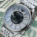 Emporio Armani Meccanico Skeleton Silver Dial Silver Steel Strap Watch For Men - AR1945 Authentic Buy Shop Now