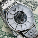 Emporio Armani Meccanico Skeleton Silver Dial Silver Steel Strap Watch For Men - AR1945 Authentic Buy Shop Now