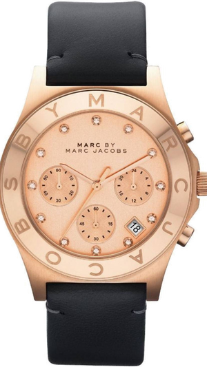 Marc Jacobs Blade Chronograph Rose Gold Dial Black Leather Strap Watch for Women - MBM1188 Authentic Buy Shop Now