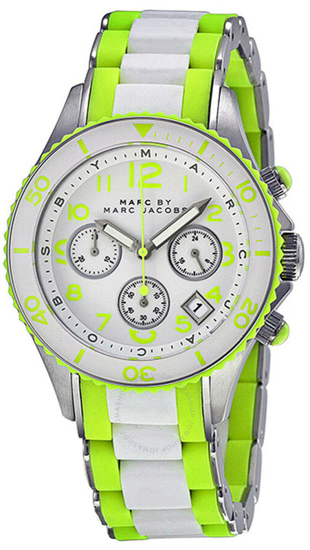 Marc Jacobs Rock Chronograph White Dial White & Green Silicone Strap Watch for Women - MBM2592 Authentic Buy Shop Now