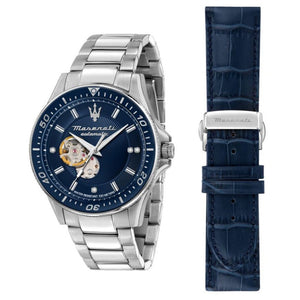 Maserati SFIDA Automatic Skeleton Blue Dial Silver Steel Strap Watch For Men - R8823140007 Authentic Buy Shop Now