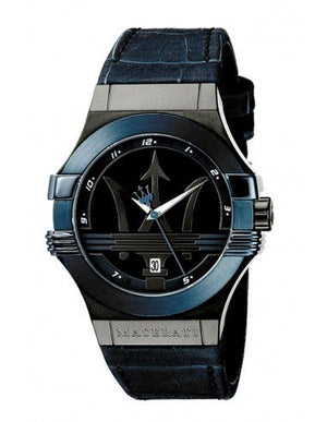Maserati Potenza Black Dial 42mm Blue Leather Strap Watch For Men - R8851108007 Authentic Buy Shop Now