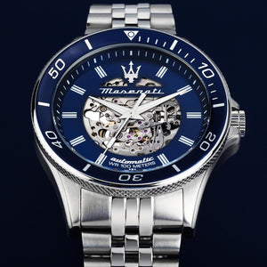 Maserati SFIDA Automatic Skeleton Blue Dial Silver Steel Strap Watch For Men - R882314001 Authentic Buy Shop Now