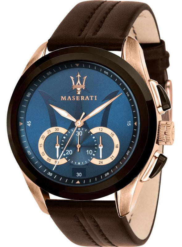Maserati Traguardo Chronograph Blue Dial Brown Leather Strap Watch For Men - R8871612024 Authentic Buy Shop Now