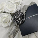 Tommy Hilfiger Jordan Chronograph Black Dial Silver Mesh Strap Watch For Men - 1792092 Authentic Buy Shop Now