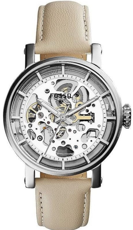 Fossil Boyfriend Automatic Skeleton Silver Dial White Leather Strap Watch for Women - ME3069 Authentic Buy Shop Now