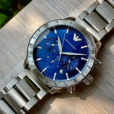 Emporio Armani Mario Chronograph Blue Dial Silver Steel Strap Watch For Men - AR11306 Authentic Buy Shop Now