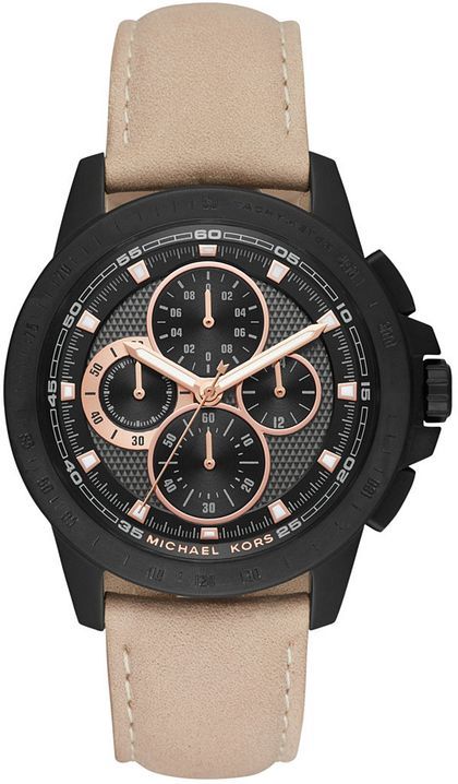 Michael Kors Ryker Chronograph Black Dial Beige Leather Strap Watch For Men - MK8520 Authentic Buy Shop Now